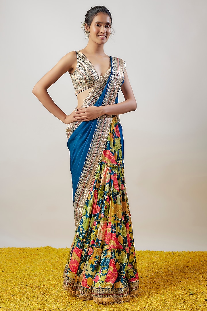 Blue Satin & Chiffon Printed Saree Set by GOPI VAID