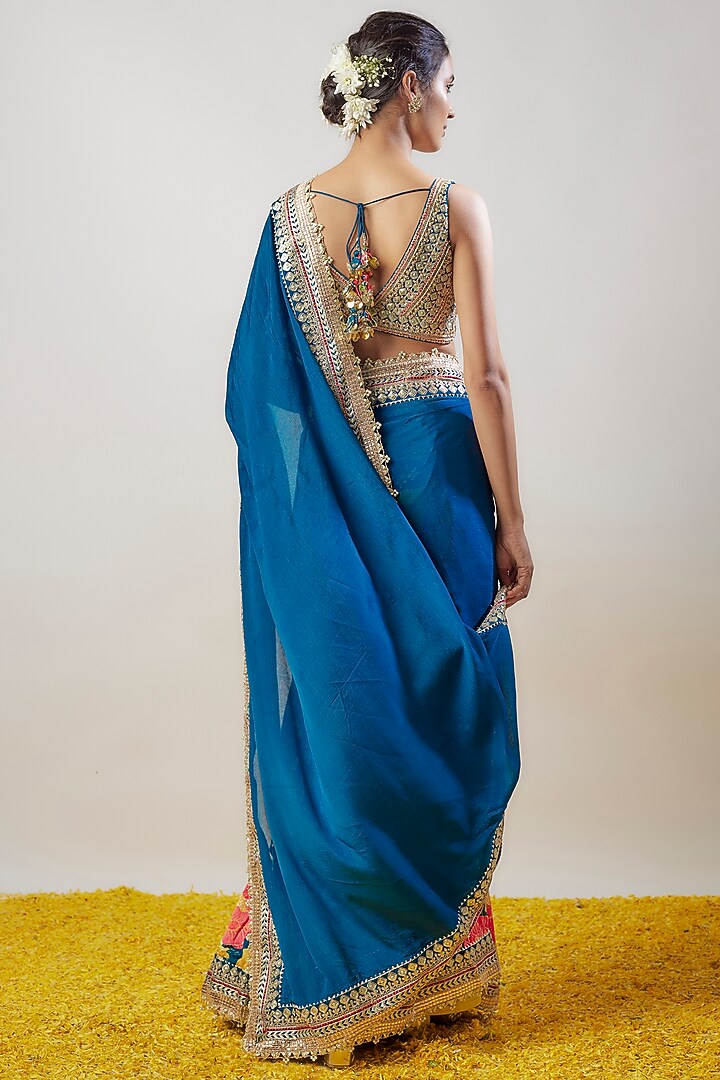 Blue Satin & Chiffon Printed Wedding Saree Set by GOPI VAID at Pernia's Pop Up Shop