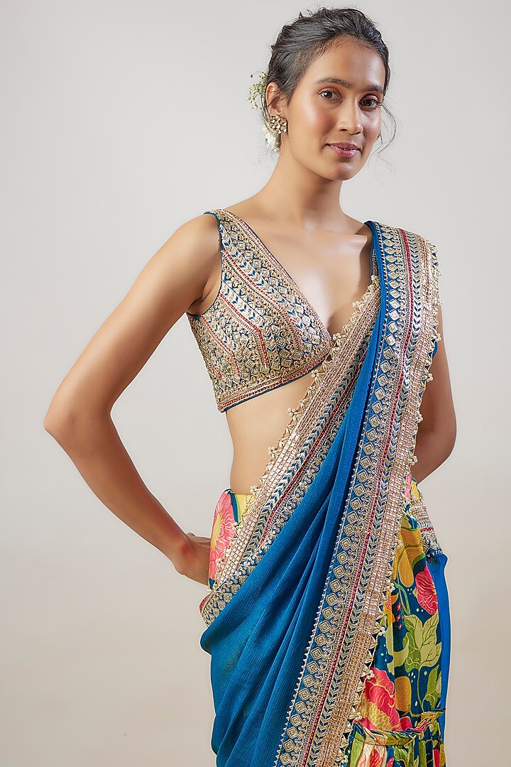 Blue Satin & Chiffon Printed Wedding Saree Set by GOPI VAID at Pernia's Pop Up Shop
