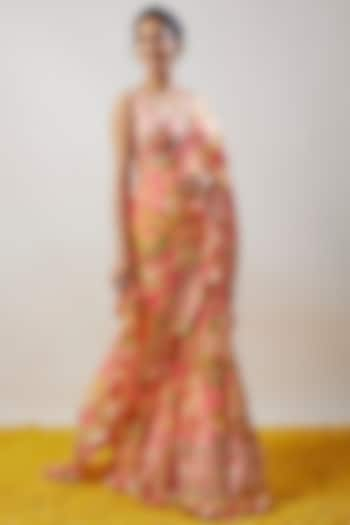 Pink Chiffon Printed Ruffled Saree Set by GOPI VAID at Pernia's Pop Up Shop