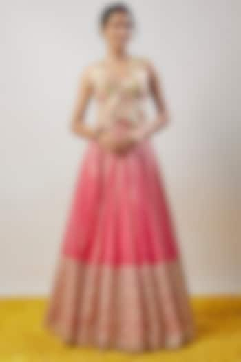 Pink Tussar Hand & Machine Embroidered Wedding Lehenga Set by GOPI VAID at Pernia's Pop Up Shop