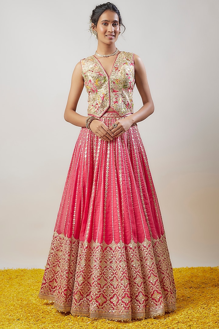 Pink Tussar Hand & Machine Embroidered Wedding Lehenga Set by GOPI VAID at Pernia's Pop Up Shop