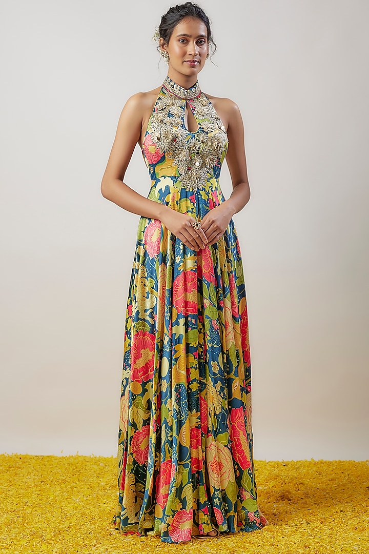 Blue Satin Embroidered Halter Gown by GOPI VAID at Pernia's Pop Up Shop