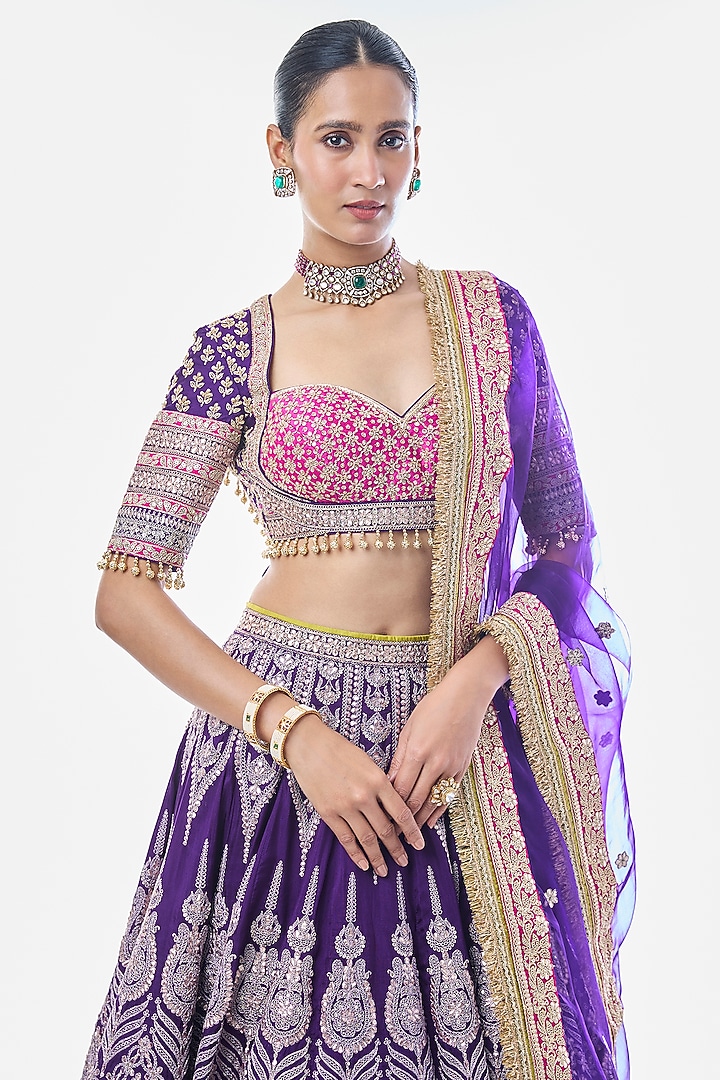 Purple Tussar Embroidered Bridal Lehenga Set by GOPI VAID at Pernia's Pop Up Shop