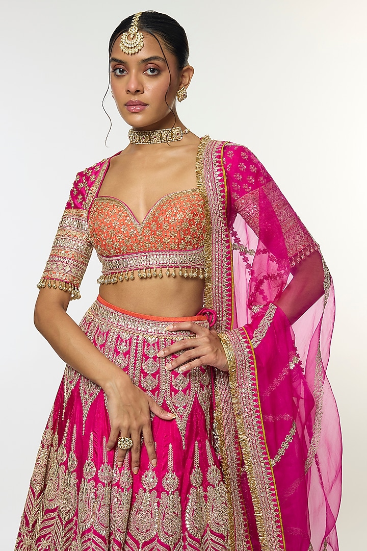 Pink Tussar Motif Embroidered Bridal Lehenga Set by GOPI VAID at Pernia's Pop Up Shop