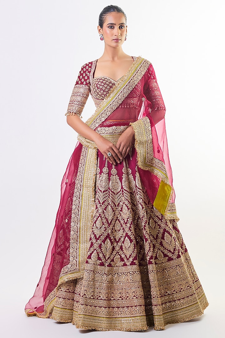 Red Tussar Embellished Bridal Lehenga Set by GOPI VAID at Pernia's Pop Up Shop