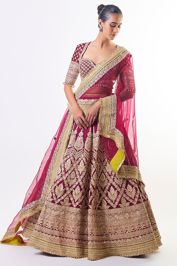 Red Tussar Embellished Bridal Lehenga Set by GOPI VAID at Pernia's Pop Up Shop