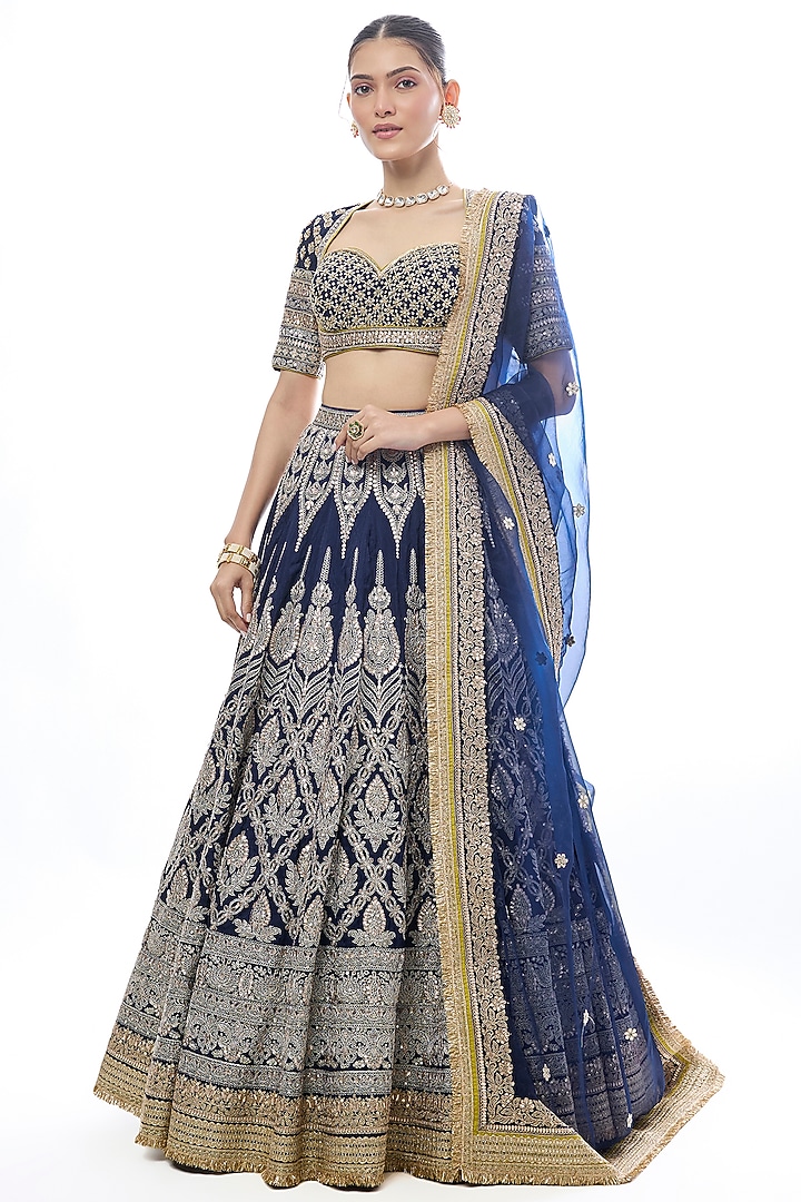 Blue Tussar Embroidered Bridal Lehenga Set by GOPI VAID at Pernia's Pop Up Shop