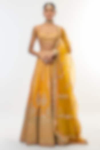 Yellow Tussar Motif Embroidered Flared Bridal Lehenga Set by GOPI VAID at Pernia's Pop Up Shop