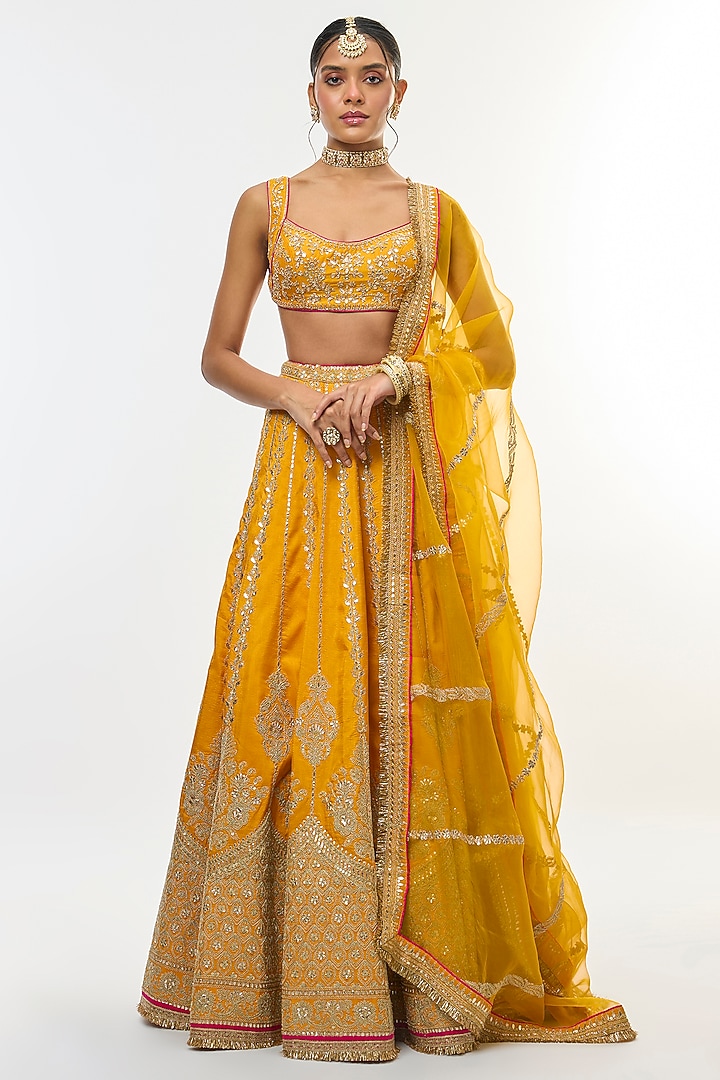 Yellow Tussar Motif Embroidered Flared Bridal Lehenga Set by GOPI VAID at Pernia's Pop Up Shop