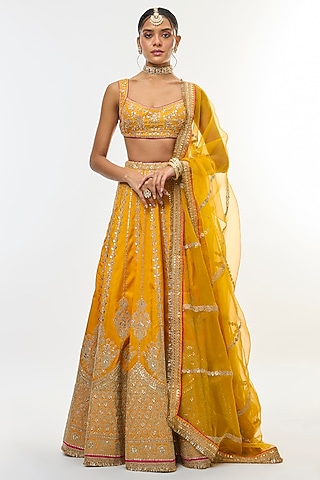 Yellow Tussar Motif Embroidered Flared Lehenga Set by GOPI VAID