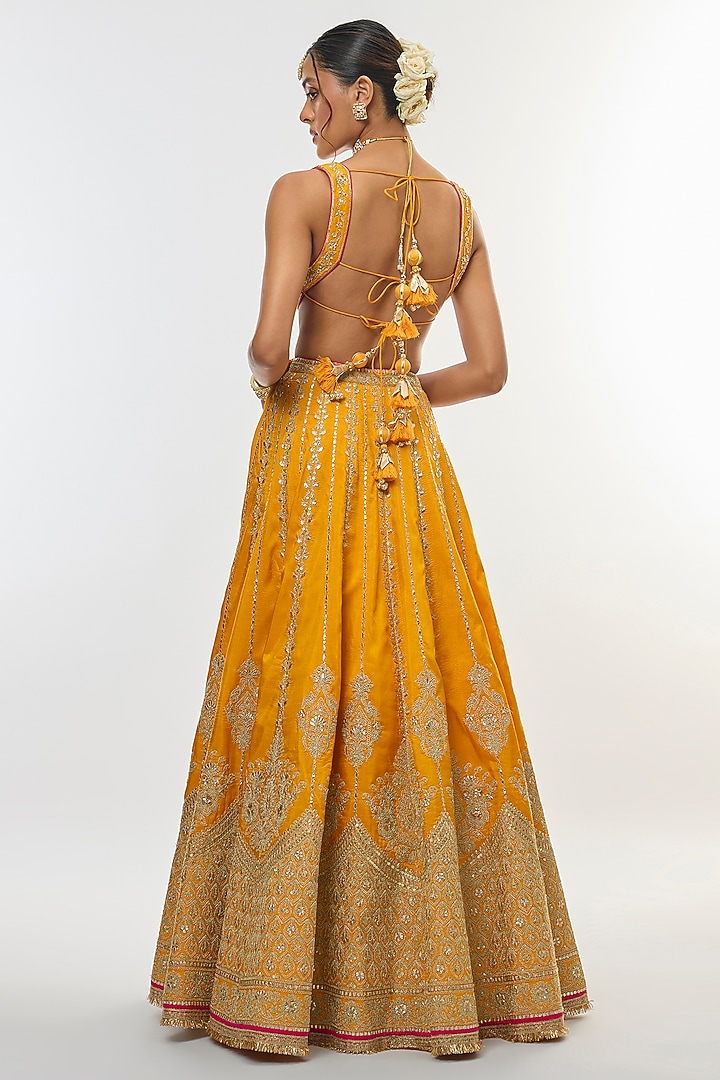 Yellow Tussar Motif Embroidered Flared Bridal Lehenga Set by GOPI VAID at Pernia's Pop Up Shop