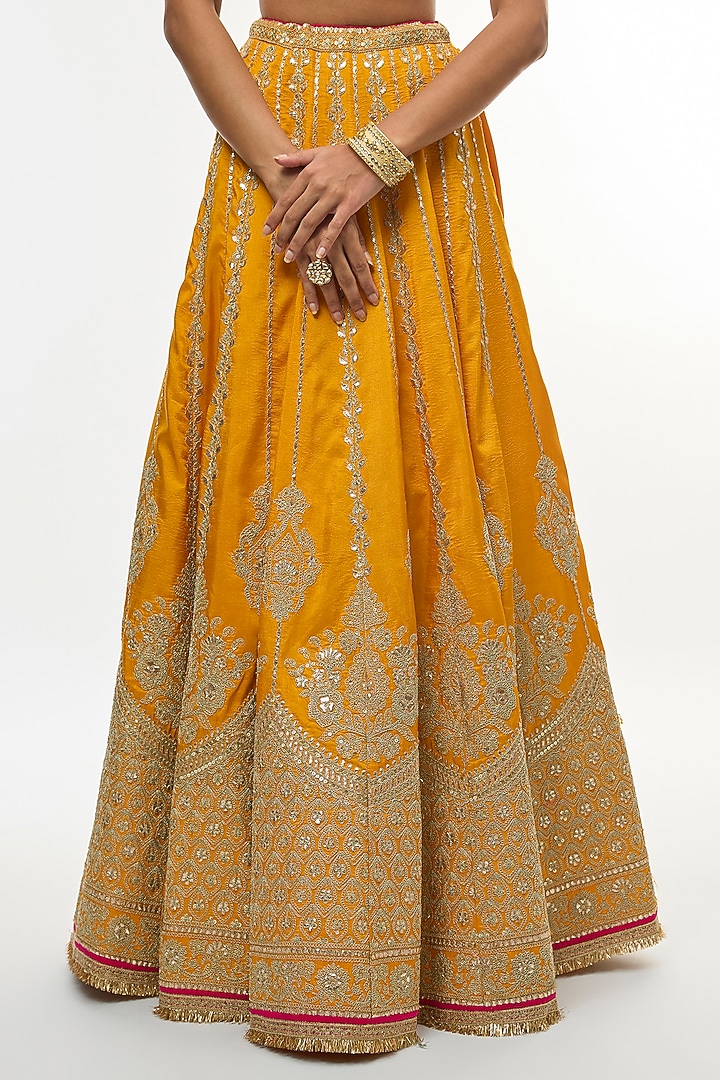 Yellow Tussar Motif Embroidered Flared Bridal Lehenga Set by GOPI VAID at Pernia's Pop Up Shop