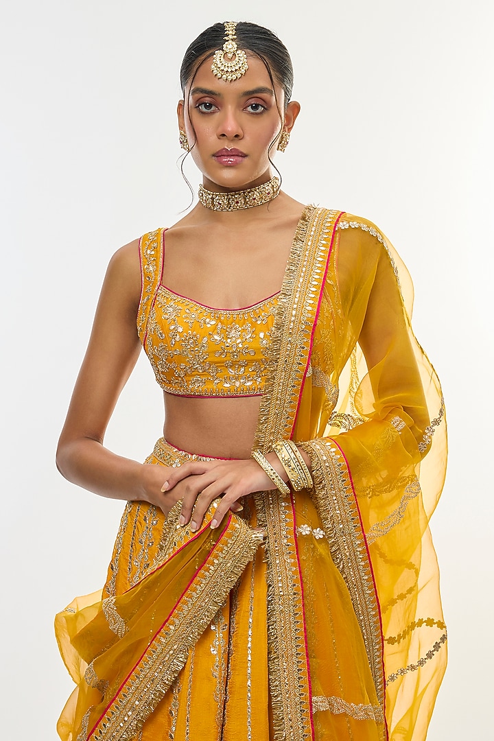 Yellow Tussar Motif Embroidered Flared Bridal Lehenga Set by GOPI VAID at Pernia's Pop Up Shop