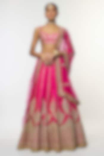 Pink Tussar Motif Embroidered Flared Bridal Lehenga Set by GOPI VAID at Pernia's Pop Up Shop