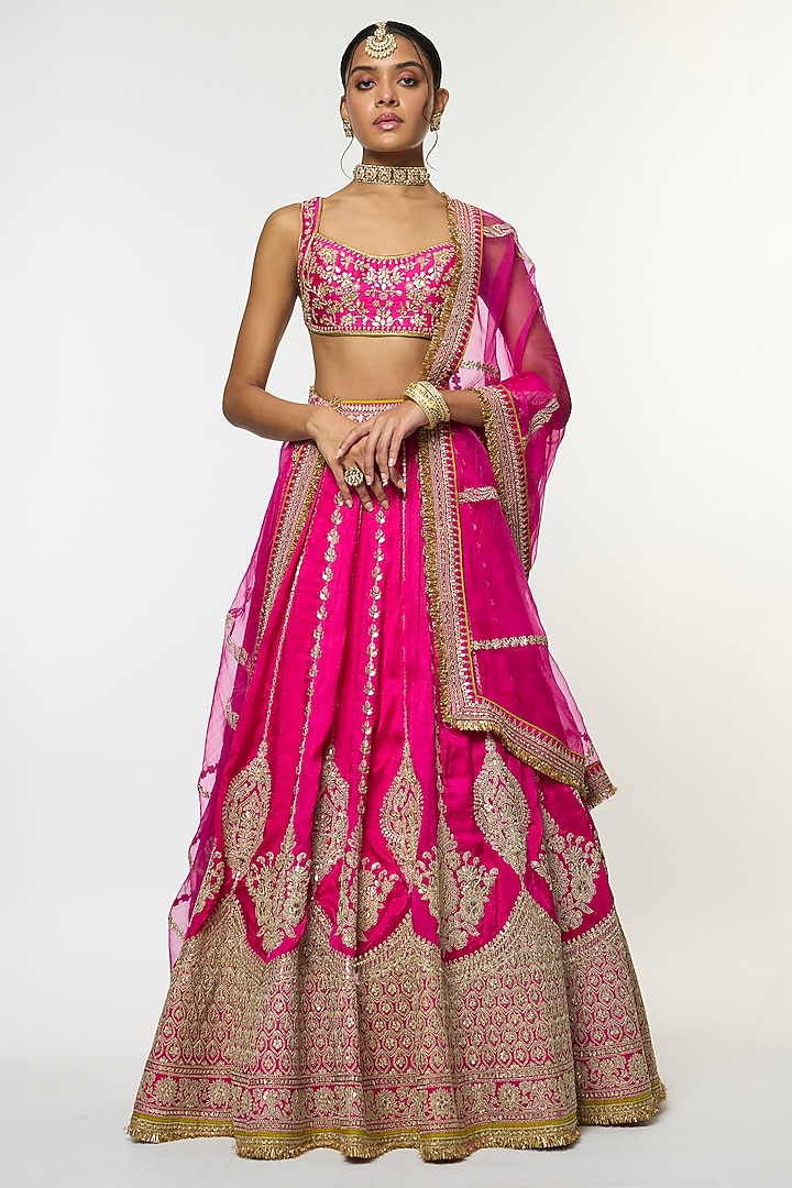 Pink Tussar Motif Embroidered Flared Bridal Lehenga Set by GOPI VAID at Pernia's Pop Up Shop