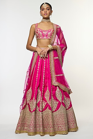 Pink Tussar Motif Embroidered Flared Lehenga Set by GOPI VAID