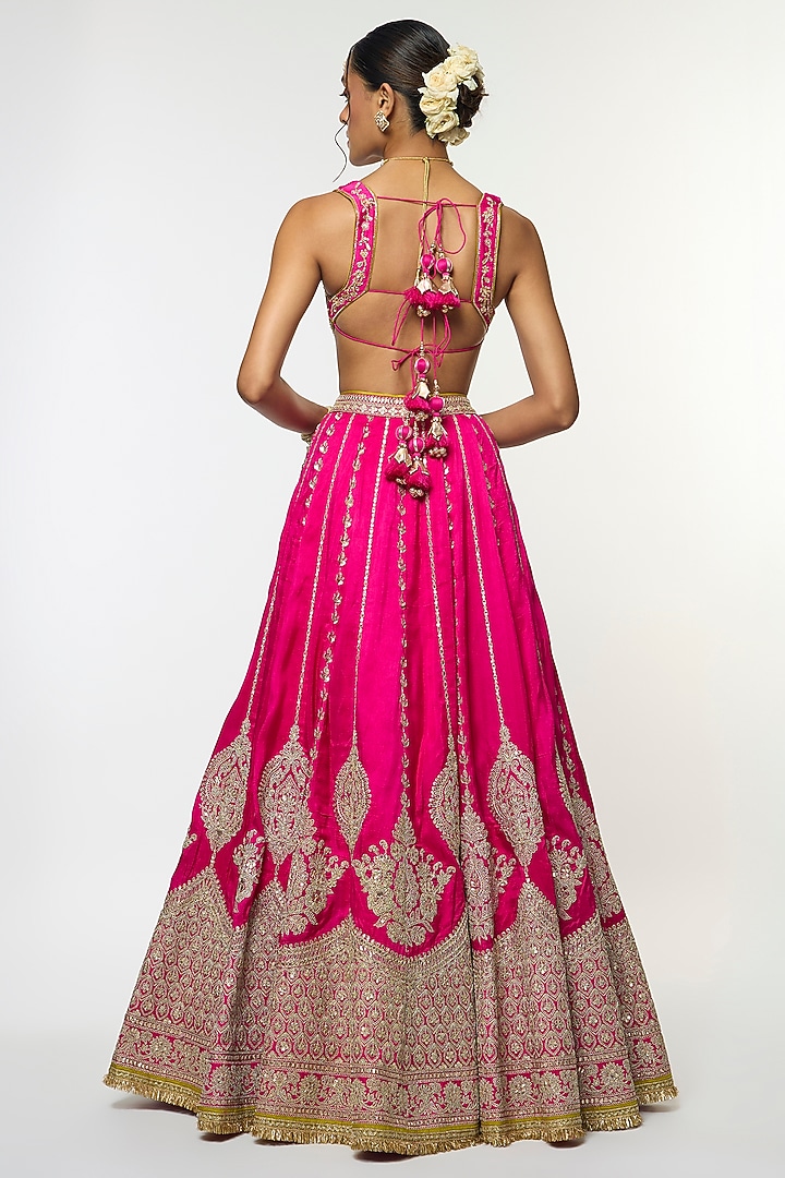 Pink Tussar Motif Embroidered Flared Bridal Lehenga Set by GOPI VAID at Pernia's Pop Up Shop
