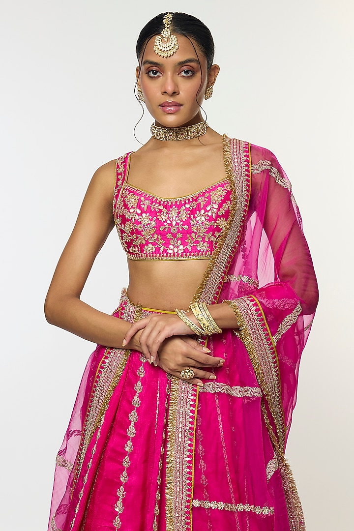 Pink Tussar Motif Embroidered Flared Bridal Lehenga Set by GOPI VAID at Pernia's Pop Up Shop