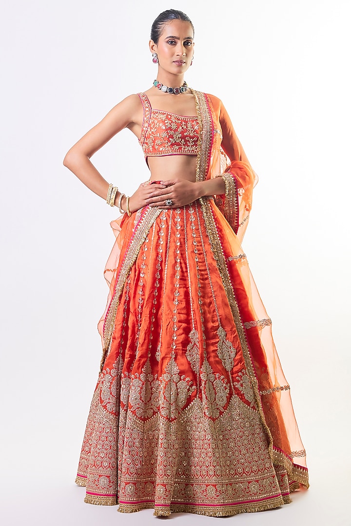 Orange Tussar Embroidered Bridal Lehenga Set by GOPI VAID at Pernia's Pop Up Shop