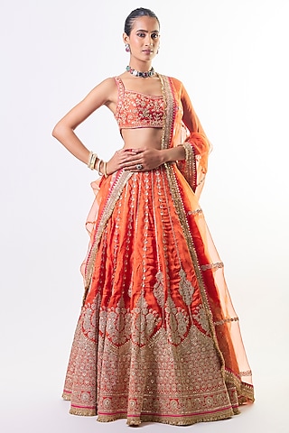 Orange Tussar Embroidered Lehenga Set by GOPI VAID
