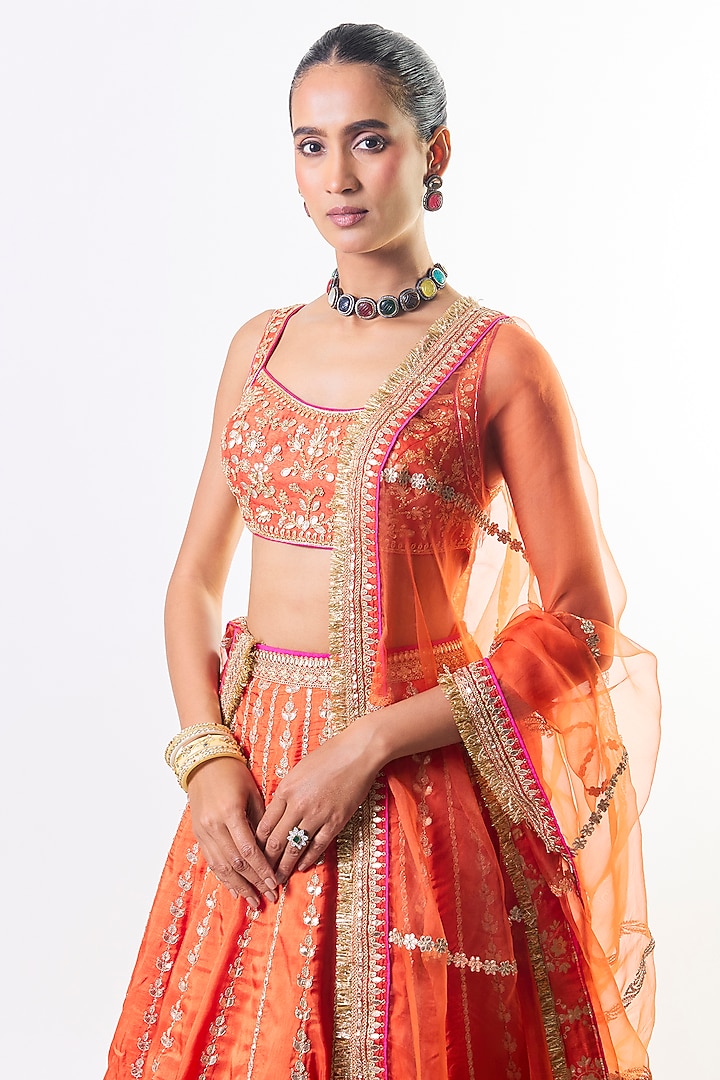 Orange Tussar Embroidered Bridal Lehenga Set by GOPI VAID at Pernia's Pop Up Shop