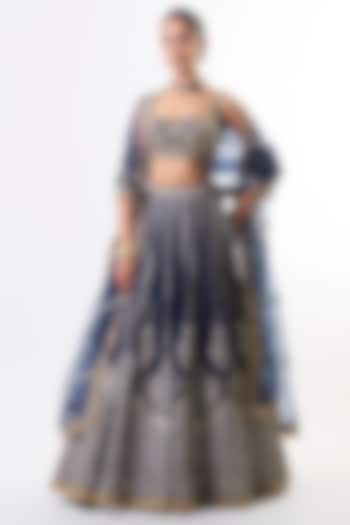 Navy Tussar Embroidered Bridal Lehenga Set by GOPI VAID at Pernia's Pop Up Shop