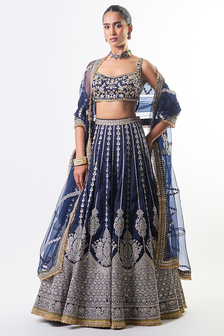 Navy Tussar Embroidered Bridal Lehenga Set by GOPI VAID at Pernia's Pop Up Shop