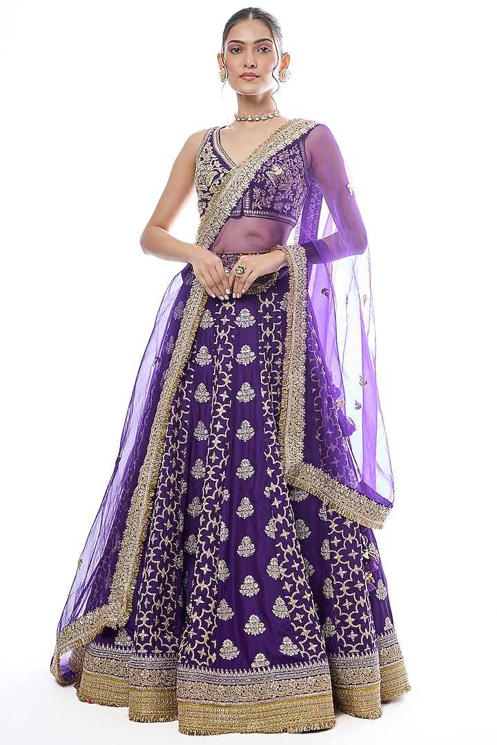 Purple Tussar Embroidered Bridal Lehenga Set by GOPI VAID at Pernia's Pop Up Shop