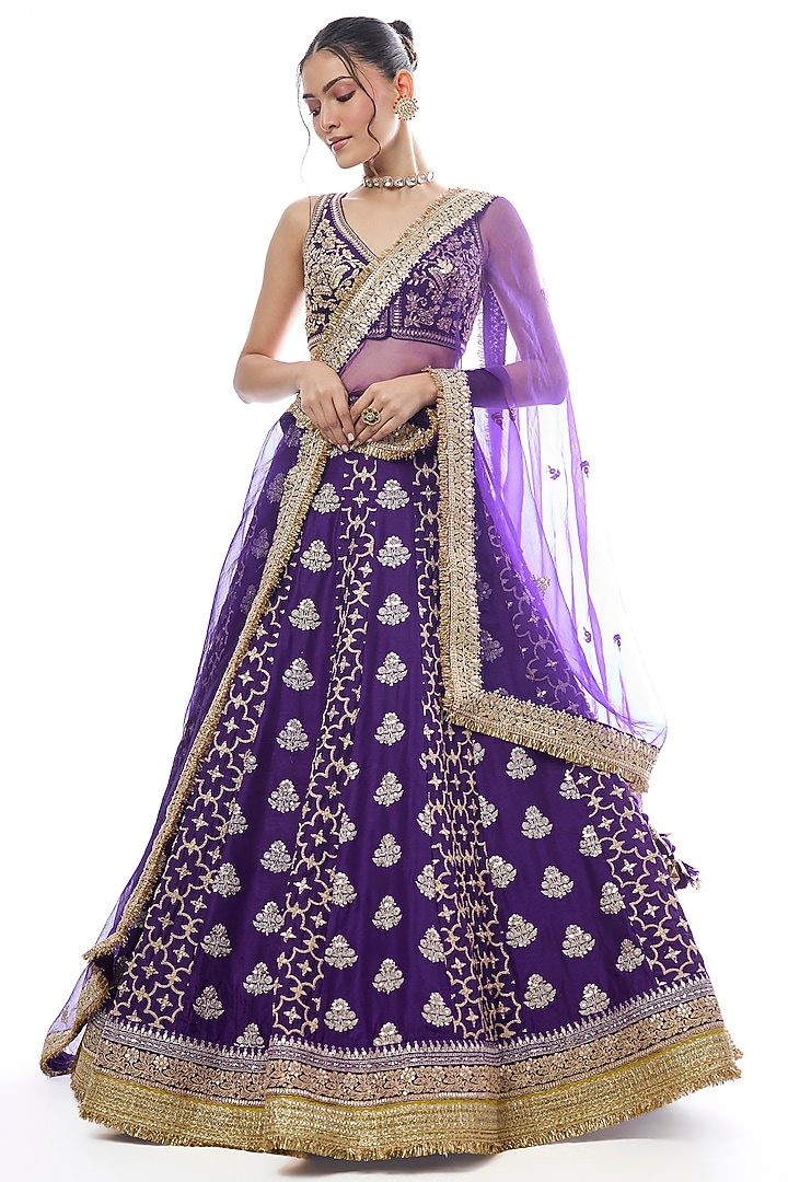 Purple Tussar Embroidered Bridal Lehenga Set by GOPI VAID at Pernia's Pop Up Shop