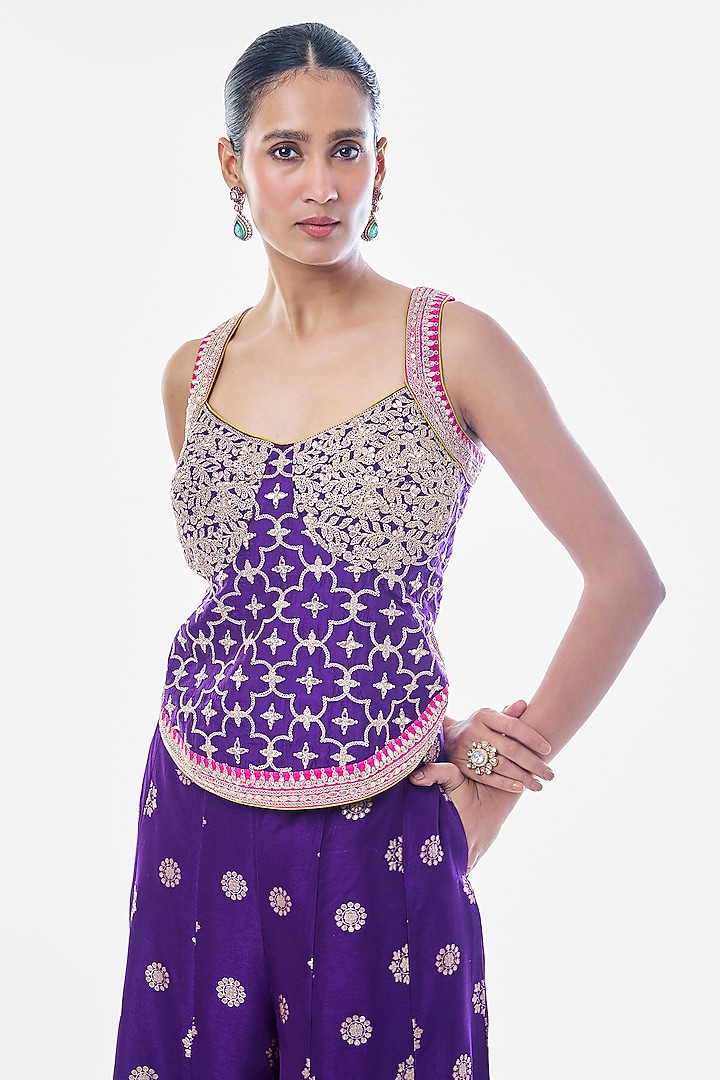 Purple Tussar Embroidered Pant Set by GOPI VAID at Pernia's Pop Up Shop