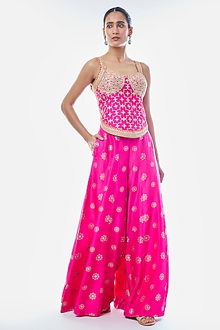 Pink Tussar Embroidered Pant Set by GOPI VAID