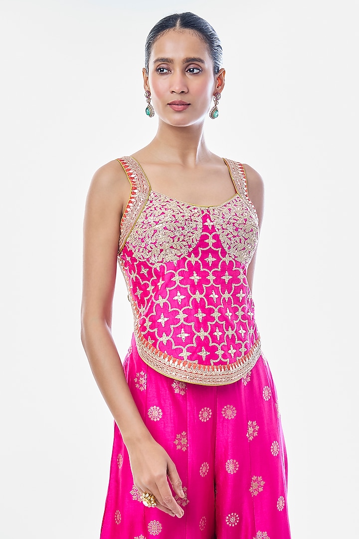 Pink Tussar Embroidered Pant Set by GOPI VAID at Pernia's Pop Up Shop