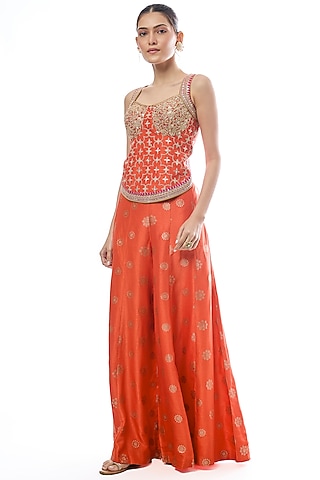 Orange Tussar Motif Pant Set by GOPI VAID