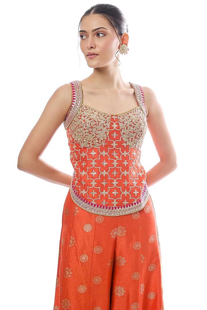 Orange Tussar Motif Pant Set by GOPI VAID at Pernia's Pop Up Shop