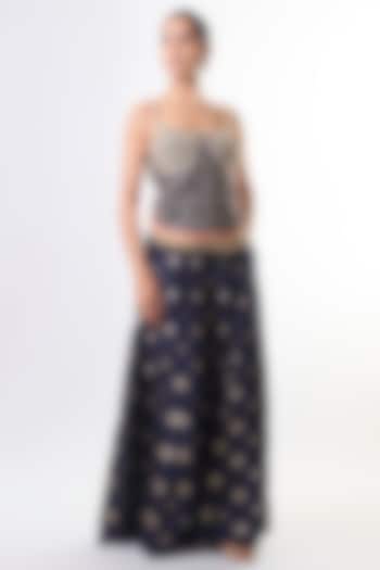 Navy Tussar Floral Embroidered Paneled Pant Set by GOPI VAID at Pernia's Pop Up Shop