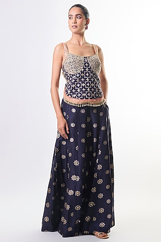 Navy Tussar Floral Embroidered Paneled Pant Set by GOPI VAID