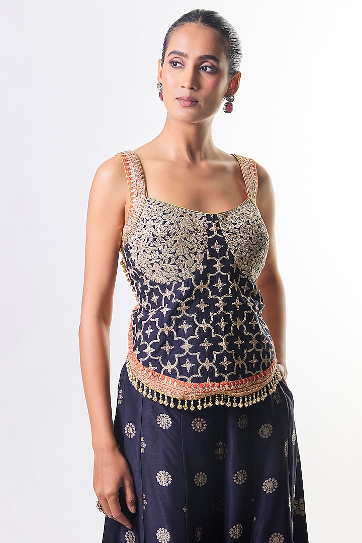 Navy Tussar Floral Embroidered Paneled Pant Set by GOPI VAID at Pernia's Pop Up Shop