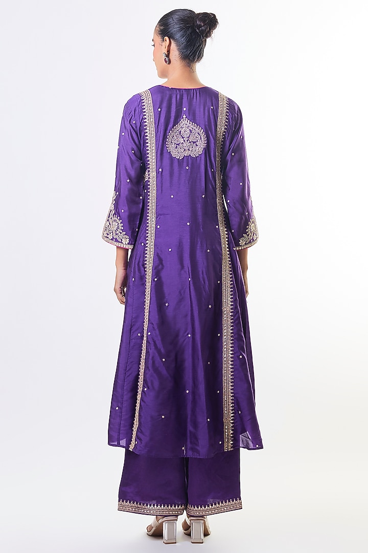 Purple Tussar Motifs Embroidered Kurta Set by GOPI VAID at Pernia's Pop Up Shop