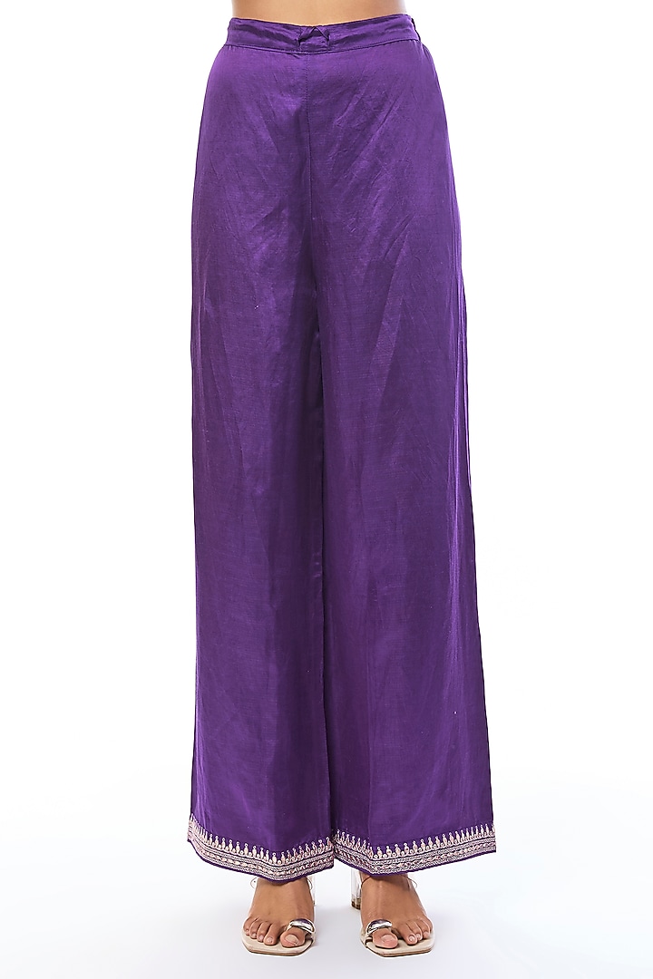 Purple Tussar Motifs Embroidered Kurta Set by GOPI VAID at Pernia's Pop Up Shop