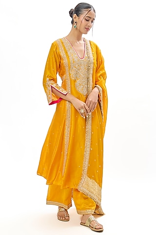 Mustard Yellow Tussar Thread Embroidered Kurta Set by GOPI VAID