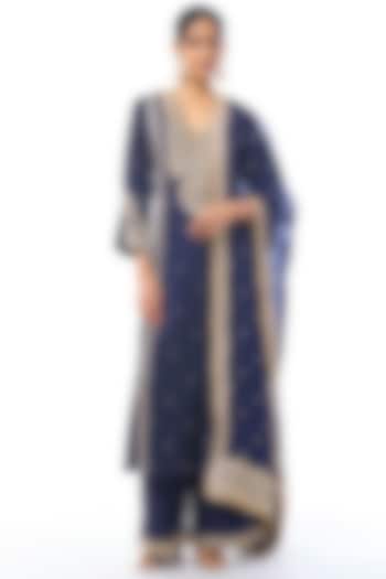 Blue Tussar Embroidered Straight Kurta Set by GOPI VAID at Pernia's Pop Up Shop