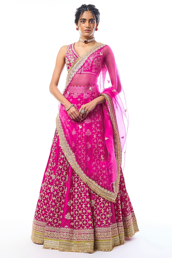 Pink Tussar Motifs Embroidered Bridal lehenga for 22 Lehenga Set by GOPI VAID at Pernia's Pop Up Shop