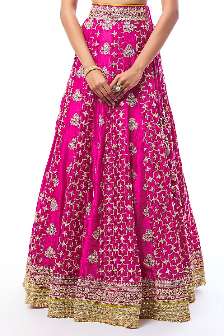 Pink Tussar Motifs Embroidered Bridal Lehenga Set by GOPI VAID at Pernia's Pop Up Shop