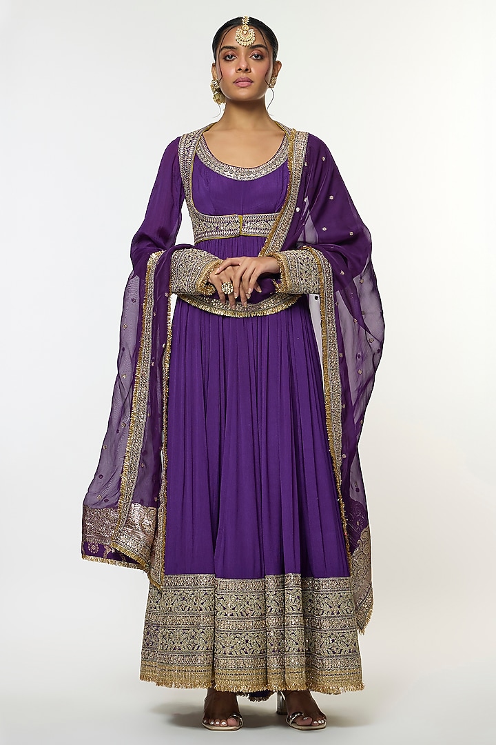 Purple Chiffon Embroidered Bridal Anarkali Set by GOPI VAID at Pernia's Pop Up Shop