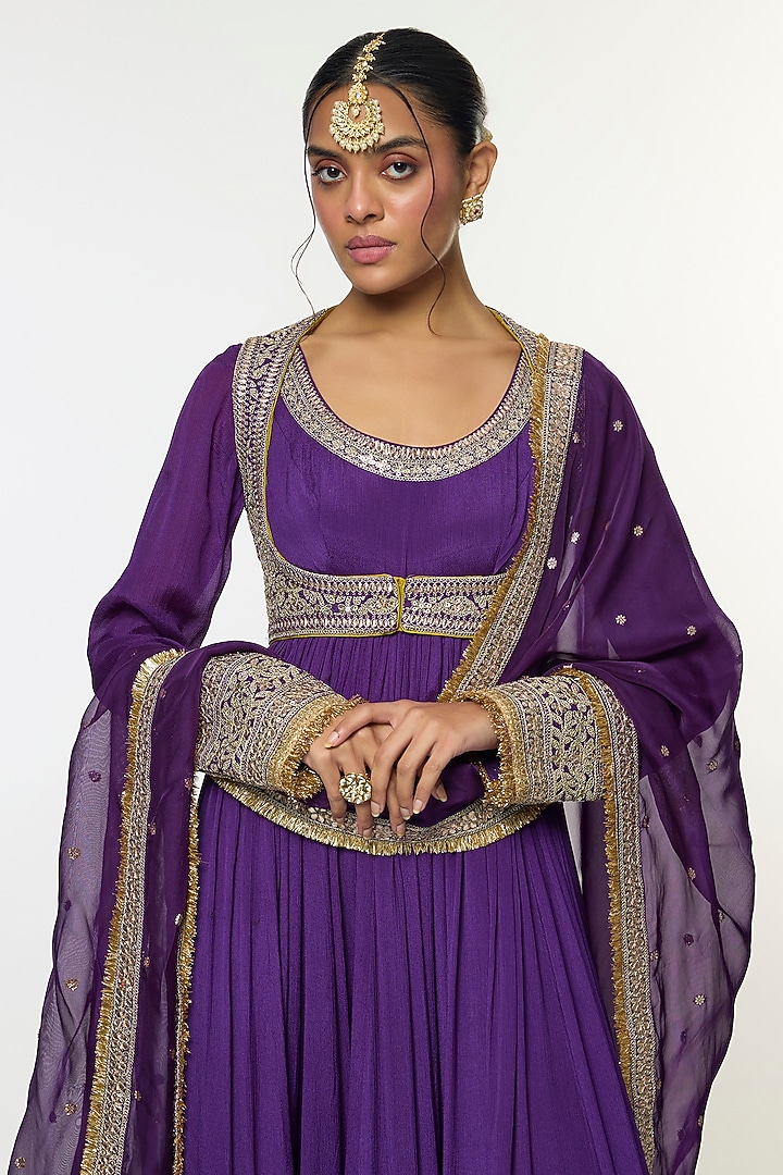 Purple Chiffon Embroidered Bridal Anarkali Set by GOPI VAID at Pernia's Pop Up Shop