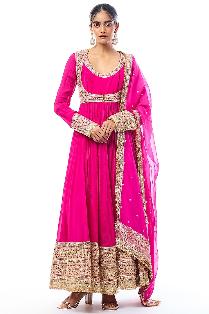 Pink Chiffon Embroidered Bridal Anarkali Set by GOPI VAID at Pernia's Pop Up Shop