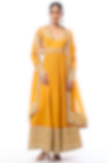 Yellow Chiffon Embroidered Bridal Anarkali Set by GOPI VAID at Pernia's Pop Up Shop