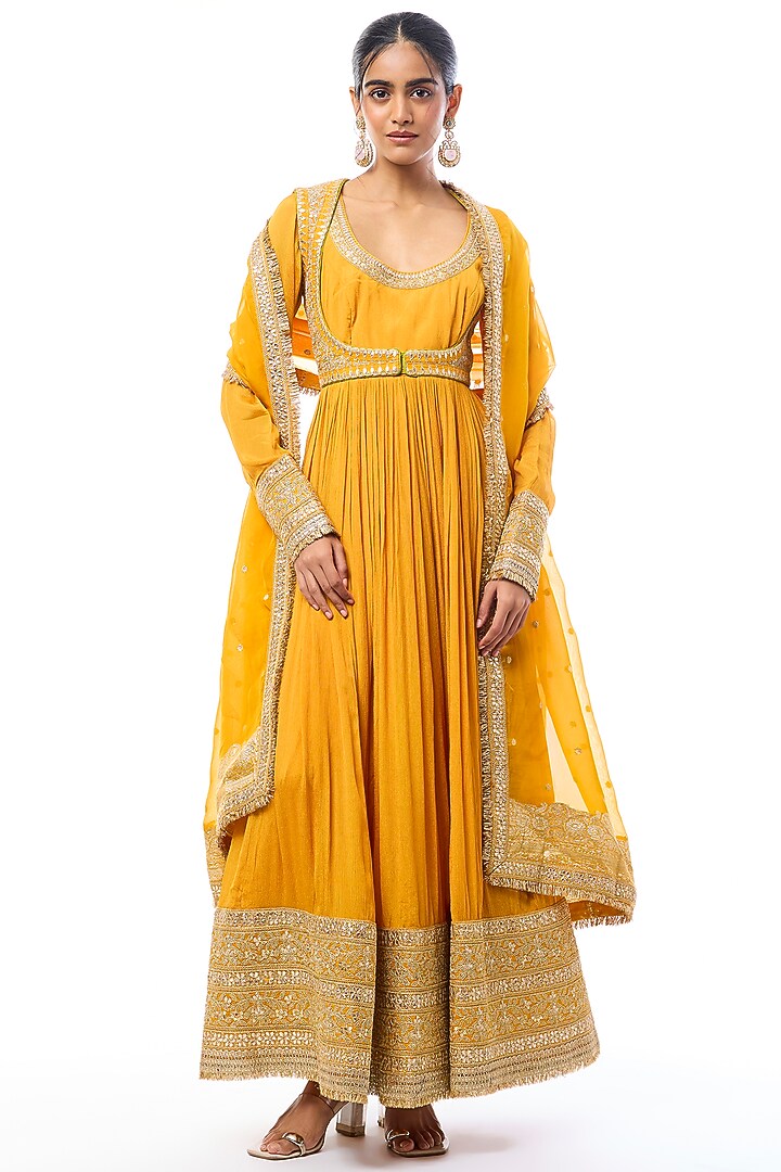 Yellow Chiffon Embroidered Bridal Anarkali Set by GOPI VAID at Pernia's Pop Up Shop