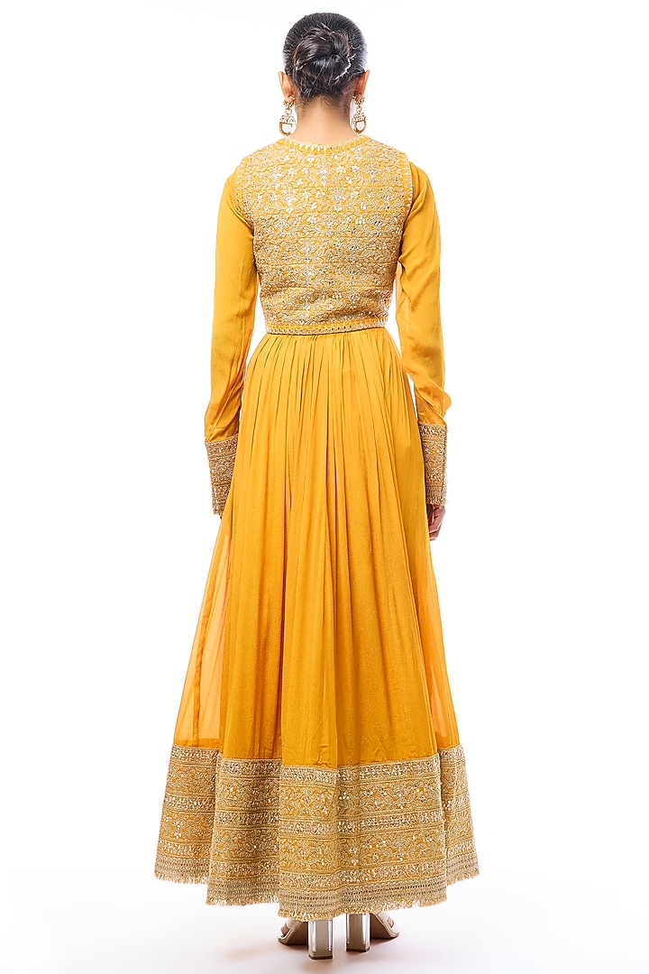 Yellow Chiffon Embroidered Bridal Anarkali Set by GOPI VAID at Pernia's Pop Up Shop